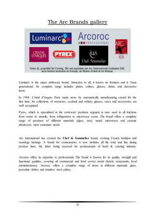11
The Arc Brands gallery
Luminarc is the major tableware brand. Attractive to all, it knows no frontiers and is Trans
generational. Its complete range includes plates, cutlery, glasses, dishes and decorative
items
In 1968, Cristal d'Arques Paris made news by automatically manufacturing crystal for the
first time. Its collections of stemware, cocktail and whisky glasses, vases and accessories are
well recognized.
Pyrex, which is specialised in the cookware products segment is now used in all kitchens
from ovens to utensils, from refrigerators to microwave ovens. The brand offers a complete
range of products of different materials (glass, steel, metal, microwave and ceramic
plastics),to meet consumer needs.
Arc International has created the Chef & Sommelier brand, evoking French tradition and
oenology heritage. A brand for connoisseurs, it now includes all the wine and fine dining
product lines, the latter being reserved for professionals of hotel & catering industry.
Arcoroc offers its expertise to professionals. The brand is known for its quality, strength and
functional qualities, covering all commercial and food service needs (hotels, restaurants, local
administrations). Arcoroc offers a complete range of items in different materials: glass,
porcelain dishes and stainless steel cutlery.
 