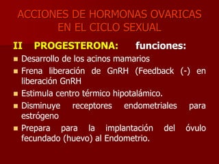 ACCIONES DE HORMONAS OVARICAS
EN EL CICLO SEXUAL
II PROGESTERONA: funciones:
 Desarrollo de los acinos mamarios
 Frena liberación de GnRH (Feedback (-) en
liberación GnRH
 Estimula centro térmico hipotalámico.
 Disminuye receptores endometriales para
estrógeno
 Prepara para la implantación del óvulo
fecundado (huevo) al Endometrio.
 