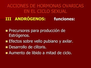 ACCIONES DE HORMONAS OVARICAS
EN EL CICLO SEXUAL
III ANDRÓGENOS: funciones:
 Precursores para producción de
Estrógenos.
 Efectos sobre vello pubiano y axilar.
 Desarrollo de clítoris.
 Aumento de libido a mitad de ciclo.
 
