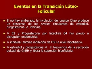 Eventos en la Transición Lúteo-
Folicular
 Si no hay embarazo, la involución del cuerpo lúteo produce
un descenso de los niveles circulantes de estradiol,
progesterona e inhibina.
  E2 y Progesterona por luteolisis 64 hrs previo a
disrupción endometrial.
  inhibina: elimina inhibición de FSH a nivel hipofisiario.
  estradiol y progesterona   frecuencia de la secreción
pulsátil de GnRH y libera la supresión hipofisiaria.
 