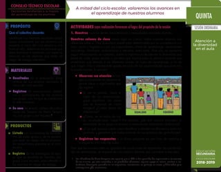 1.	Nuestros alumnos tienen características y necesidades escolares distintas.
Nuestros salones de clase tienen algo en común: todos nuestros alumnos son
diferentes entre sí. Esta diversidad puede estar determinada por su procedencia cul-
tural, social o lingüística o por sus capacidades, ritmos de aprendizaje, necesidades
educativas, fortalezas, motivaciones o intereses, entre otras. Ante ello, es necesario
seguir reflexionando, en colectivo, sobre la importancia de atender la diversidad que
existe en cada grupo escolar y los retos que implica para la práctica docente una
enseñanza que atienda a los diferentes niveles de logro de aprendizaje, a fin de
que ningún niño o adolescente quede excluido de las oportunidades que para ello
le puede brindar la escuela.
✦	 Observen con atención la ima-
gen y compartan en plenaria al-
gunas ideas o significados que
les sugiere.
◼	Si ver el partido, fuera el
logro de los aprendizajes,
¿qué significan las cajas
que se muestran en cada
imagen? ¿Cuáles serían las
diferencias?
◼	¿Cómo, en mi salón de cla-
se, acomodo esas “cajas”? Por ejemplo, ¿de qué manera considero la
diversidad de mi grupo al planear e implementar actividades didácticas?
◼	 ¿Con qué recursos cuento para identificar y atender las diferencias entre mis
alumnos, y garantizo que todos avancen en sus procesos de aprendizaje?
✦	 Registren las respuestas a la última pregunta en una hoja de rotafolio y
colóquenla a la vista de todos.
Para que los alumnos estén en igualdad de condiciones de aprovechar las oportunida-
des de aprendizaje, se requiere de una práctica docente que considere la equidad. EDUCACIÓN
SECUNDARIA
CICLO ESCOLAR
2018-2019
SESIÓN ORDINARIA
Atención a
la diversidad
en el aula
QUINTA
A mitad del ciclo escolar, valoremos los avances en
el aprendizaje de nuestros alumnos
CONSEJO TÉCNICO ESCOLAR
Decisiones tendientes a la mejora
del aprendizaje de los alumnos
Que el colectivo docente:
Identifique los avances escolares alcan-
zados actualmente por sus alumnos con
respecto al inicio del ciclo escolar y, con
base en ello, determine las acciones que
debe fortalecer o reorientar, con especial
atención en los alumnos que están en
riesgo de rezago educativo.
➤	Resultados de la evaluación diag-
nóstica de los alumnos realizada al
inicio del ciclo escolar.
➤	Registros de evaluaciones, asisten-
cia y participación de los alumnos
por grupo, con los que se cuenta has-
ta este momento.
➤	En caso de tenerlo, tablero de indica-
dores del Sistema de Alerta Tempra-
na, por grupo y por escuela.1
◼	 Listado con los nombres de los alum-
nos de cada grupo y de la escuela
que están en riesgo de no alcanzar
los aprendizajes previstos en el ciclo
escolar.
◼	 Registro de las estrategias de apo-
yo que se pondrán en marcha, por
grupo y por escuela, para atender a
los alumnos en riesgo de rezago.
MATERIALES
PRODUCTOS
PROPÓSITO ACTIVIDADES cuya realización favorecen el logro del propósito de la sesión
1	 Los indicadores de Alerta Temprana son aquellos que al CTE le han permitido dar seguimiento a los avances
de sus alumnos, por estar asociados a las prioridades educativas: requiere apoyo en lectura, escritura o ma-
temáticas; desempeño promedio en las asignaturas; inasistencias; no participa en clases, y dificultades para
autorregularse y/o relacionarse.
 