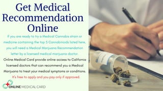 Get Medical
Recommendation
Online
If you are ready to try a Medical Cannabis strain or
medicine containing the top 5 Cannabinoids listed here,
you will need a Medical Marijuana Recommendation
letter by a licensed medical marijuana doctor.
Online Medical Card provide online access to California
licensed doctors that can recommend you a Medical
Marijuana to treat your medical symptoms or conditions.
   It’s free to apply and you pay only if approved.
 