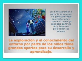 Los niños aprenden a
                      partir de su entorno,
                       y el preescolar debe
                        aprovechar esto,;
                       conocer lo que él ya
                       sabe para partir de
                          ahi y llevarlo a
                         profundizar sus
                             saberes.



La exploración y el conocimiento del
entorno por parte de los niños tiene
grandes aportes para su desarrollo y
            aprendizaje.
 