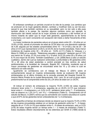 12
ANÁLISIS Y DISCUSIÓN DE LOS DATOS
El embarazo constituye un período crucial en la vida de la pareja. Los cambios que
se producen en la mujer gestante afectan, cambian y modifican todo su ser bio-sico-
sexual lo que trae también cambios en su sexualidad, pero no tan solo a ella pues
también afecta a la pareja. Se reportan algunos cambios como por ejemplo, la
disminución del interés sexual de la mujer durante el embarazo y del hombre en el
mismo instante de saber que la mujer está gestando, aparentemente es de forma
involuntaria y sin razón consciente con excepción del miedo a dañar físicamente al feto
o a la mujer.
La mayor incidencia de pacientes estuvo en el grupo etario entre 20 – 24 años en un
33,8% (n=29), siendo el promedio de edad de 23,34 años con una desviación estándar
de 4,38; seguida por las edades comprendidas entre 15 – 19 (n=25) y las de 25 – 29
años (n=21) que representaron el 29,0 y el 24,4% de la muestra estudiada. Hubo menor
incidencia de mujeres entre 30 – 39 años en 12,8% (n=11) (Tabla 2). Vásquez J y
Meza G (1999) en su estudio “Relaciones sexuales y gestación” destacan que el 7,3%
era menor de 15 años, 27,3% tuvo entre 15 y 19 años, el 57,3% entre 20 y 35 años y el
8,1% era mayor de 35 años. También Castañeda L y col. (2006) llevó a cabo un estudio
cualitativo, dentro del cual se realizaron entrevistas a profundidad a 80 gestantes entre
18 y 28 años de edad asistentes a control prenatal en tres centros de salud
pertenecientes a la localidad de Usaquén, Bogotá DC, Colombia, revelando que el
mayor porcentaje de gestantes se encontraba entre los 15 y 23 años lo cual se
relaciona con este estudio.
Igualmente se correlaciona con el trabajo de Mauco S (2001) sobre el
comportamiento sexual en mujeres embarazadas donde se evaluaron 88 mujeres
embarazadas en el último trimestre de la consulta prenatal del Hospital Central Dr.
Antonio María Pineda de la ciudad Barquisimeto, Edo. Lara. En el cual el grupo etario
predominante fue el comprendido entre los 20 y 24 años de edad con un 29,5%.
Al indicar el número de embarazos la mayoría 75,5% (n=65) de estas mujeres
indicaron tener entre 1 – 3 embarazos, seguidas de un 20,0% (n=17) que indicaron
tener entre 4 – 6 embarazos y un 3,4% (n=3) señalaron tener entre 7 – 9 embarazos,
solo se observo un 1,2% (n=1), con 10 y + embarazos (Tabla 5). Comparando con el
estudio de Mauco, S (2001) vemos que es coincidente con nuestra casuística en cuanto
a que el 67% de las gestantes tenían antecedentes de 1 a 3 embarazos.
Se especifico el tiempo de embarazo donde se observó que la mayoría 73,3% (n=63)
de las mujeres encuestadas estaban en un tiempo de gestación entre los 7 – 9 meses,
seguida de un 17,4% (n=15) que estaban entre 4 – 6 meses de embarazo, solo un 9,3%
(n=8) de estas mujeres tenían un tiempo entre 1 – 3 meses de embarazo (Tabla 7).
Estos resultados difieren discretamente de los obtenidos por Smith D (1999) donde la
 