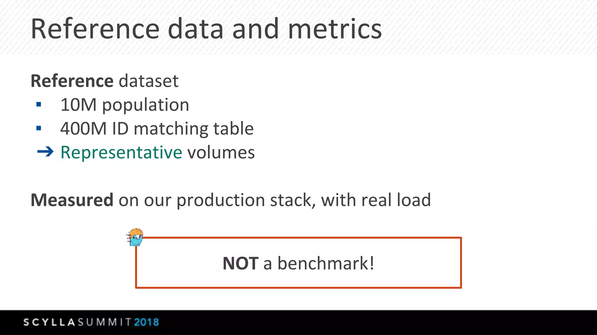 Reference data and metrics
Reference dataset
▪ 10M population
▪ 400M ID matching table
➔ Representative volumes
Measured on our production stack, with real load
NOT a benchmark!
 