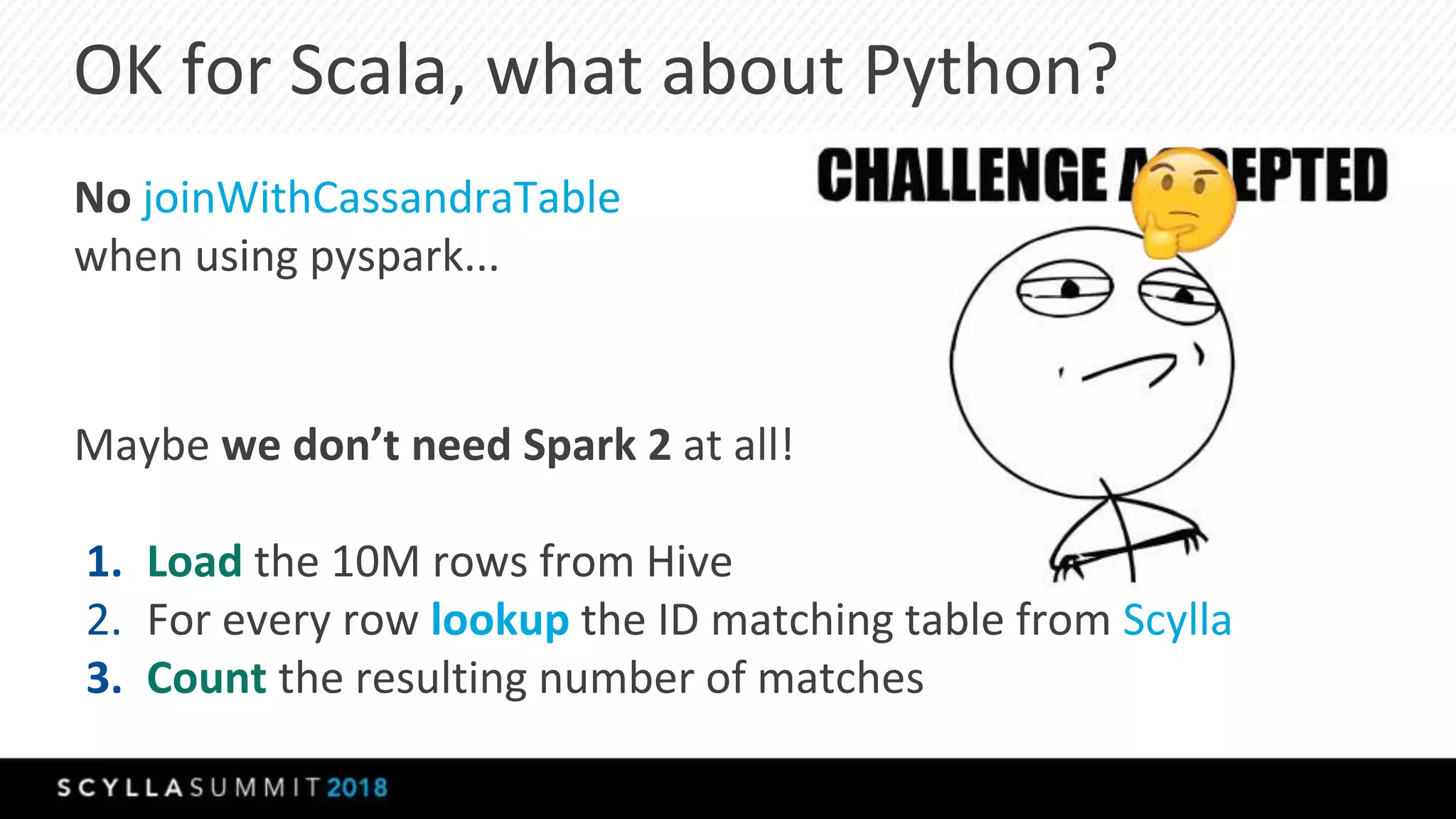 OK for Scala, what about Python?
No joinWithCassandraTable
when using pyspark...
Maybe we don’t need Spark 2 at all!
1. Load the 10M rows from Hive
2. For every row lookup the ID matching table from Scylla
3. Count the resulting number of matches
 