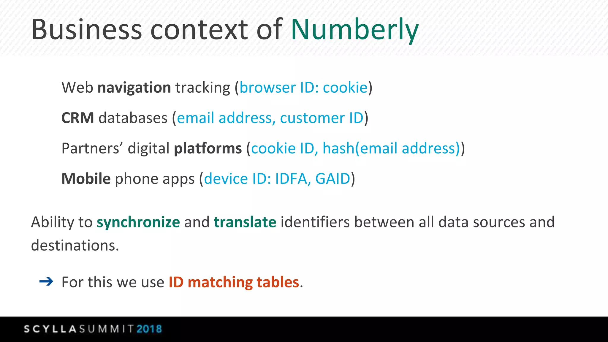 Business context of Numberly
Web navigation tracking (browser ID: cookie)
CRM databases (email address, customer ID)
Partners’ digital platforms (cookie ID, hash(email address))
Mobile phone apps (device ID: IDFA, GAID)
Ability to synchronize and translate identifiers between all data sources and
destinations.
➔ For this we use ID matching tables.
 