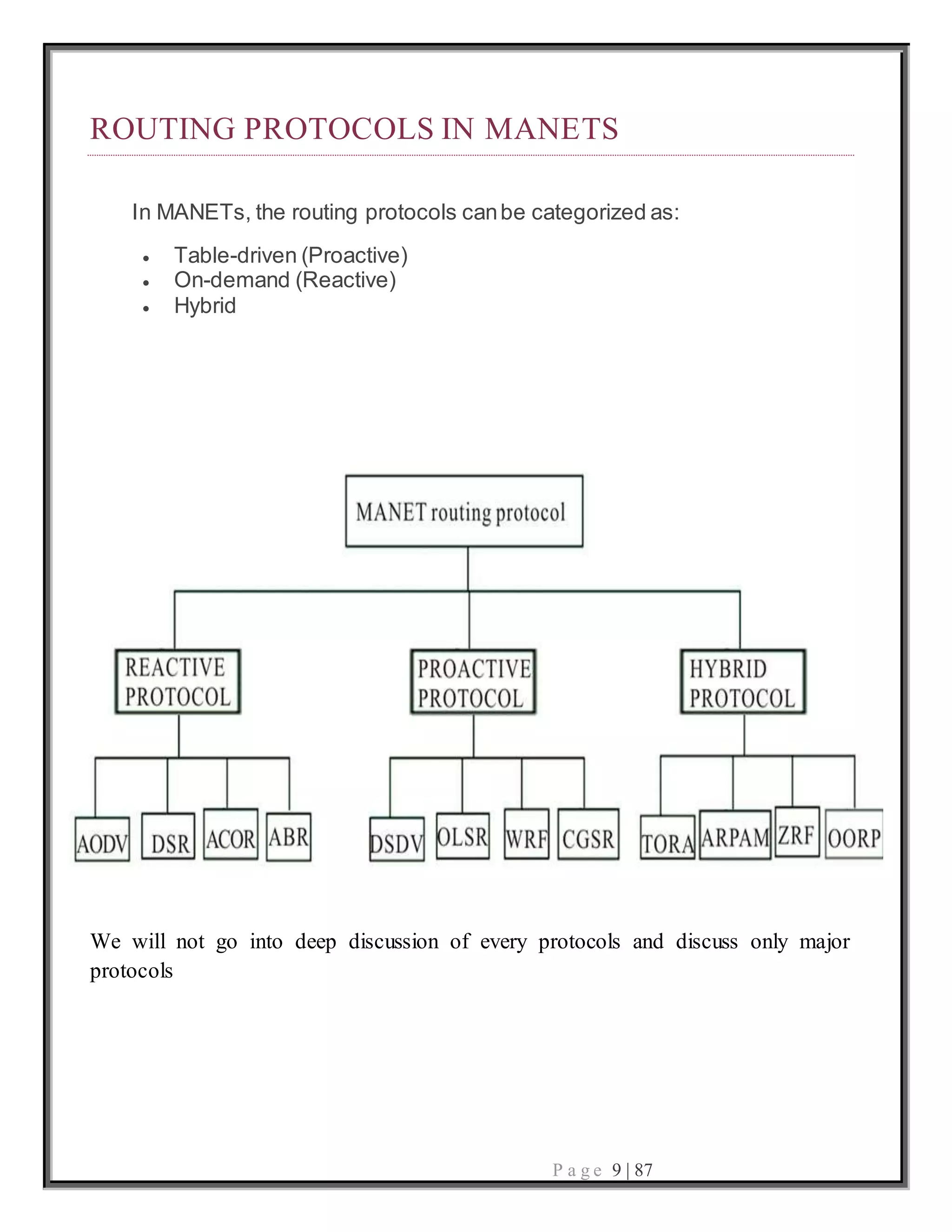 P a g e 9 | 87
ROUTING PROTOCOLS IN MANETS
In MANETs, the routing protocols canbe categorized as:
 Table-driven (Proactive)
 On-demand (Reactive)
 Hybrid
We will not go into deep discussion of every protocols and discuss only major
protocols
 