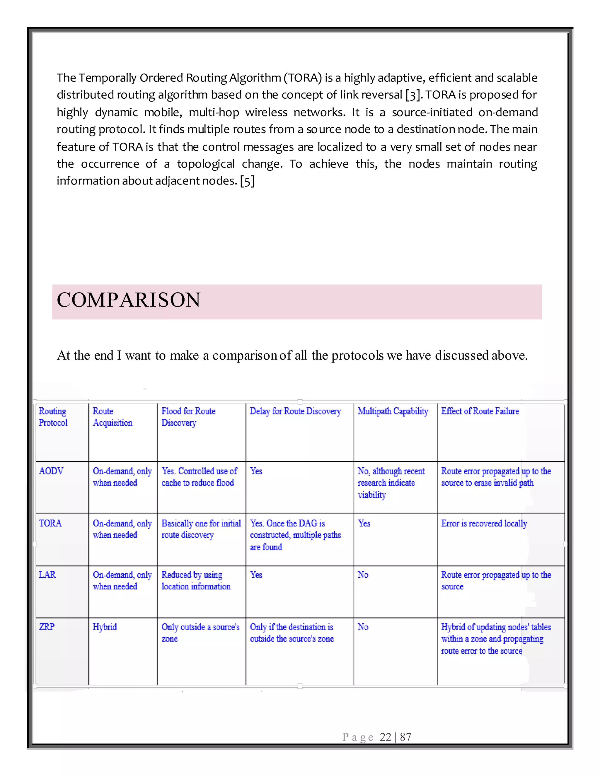 P a g e 22 | 87
The Temporally Ordered Routing Algorithm (TORA) is a highly adaptive, efficient and scalable
distributed routing algorithm based on the concept of link reversal [3]. TORA is proposed for
highly dynamic mobile, multi-hop wireless networks. It is a source-initiated on-demand
routing protocol. It finds multiple routes from a source node to a destination node. The main
feature of TORA is that the control messages are localized to a very small set of nodes near
the occurrence of a topological change. To achieve this, the nodes maintain routing
information about adjacent nodes. [5]
COMPARISON
At the end I want to make a comparisonof all the protocols we have discussed above.
 