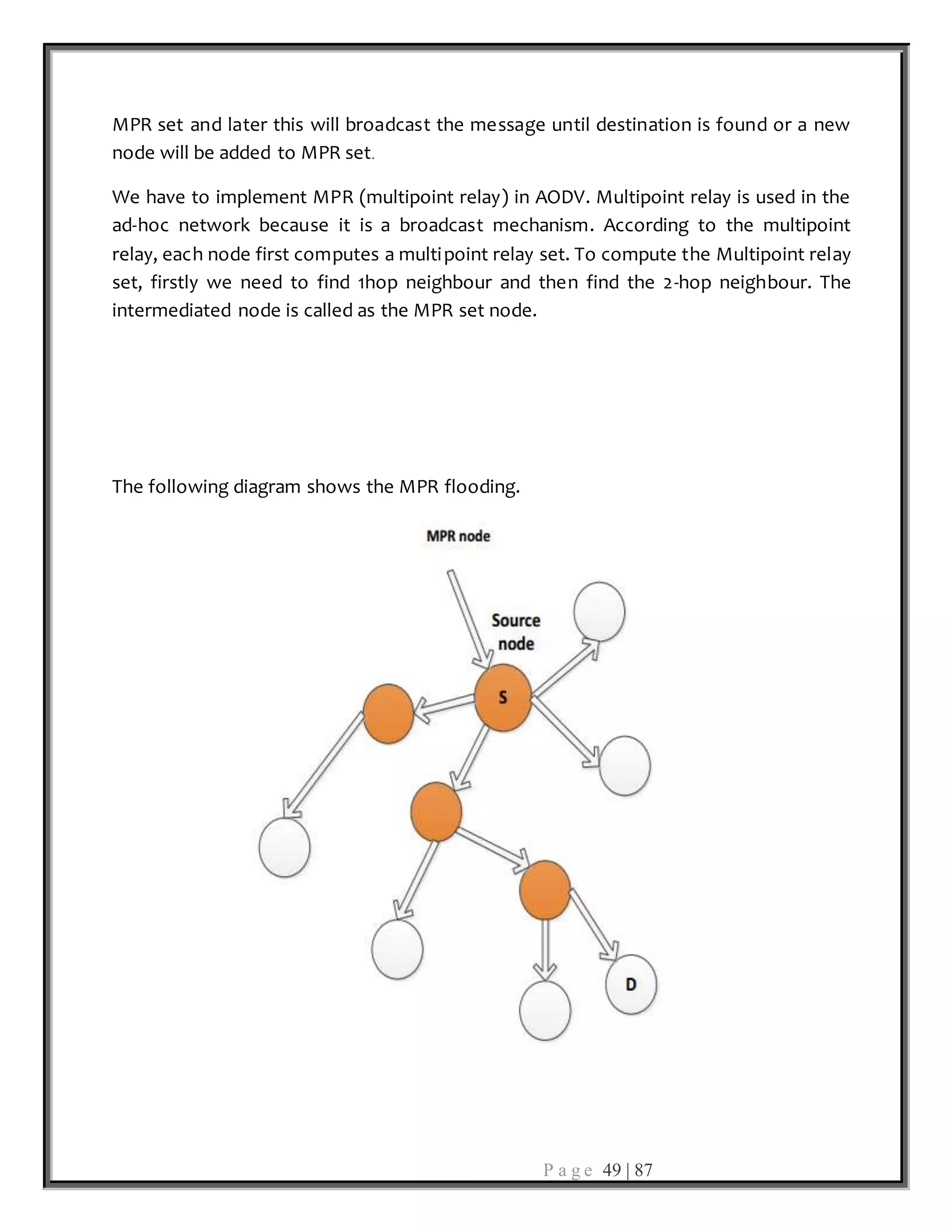 P a g e 49 | 87
MPR set and later this will broadcast the message until destination is found or a new
node will be added to MPR set.
We have to implement MPR (multipoint relay) in AODV. Multipoint relay is used in the
ad-hoc network because it is a broadcast mechanism. According to the multipoint
relay, each node first computes a multipoint relay set. To compute the Multipoint relay
set, firstly we need to find 1hop neighbour and then find the 2-hop neighbour. The
intermediated node is called as the MPR set node.
The following diagram shows the MPR flooding.
 