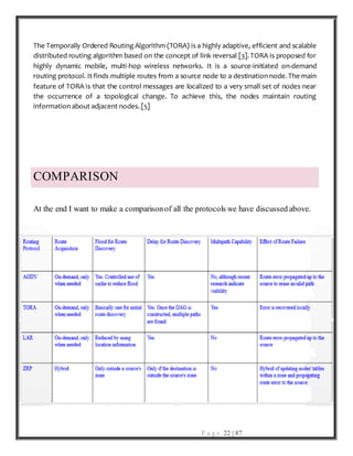 P a g e 22 | 87
The Temporally Ordered Routing Algorithm (TORA) is a highly adaptive, efficient and scalable
distributed routing algorithm based on the concept of link reversal [3]. TORA is proposed for
highly dynamic mobile, multi-hop wireless networks. It is a source-initiated on-demand
routing protocol. It finds multiple routes from a source node to a destination node. The main
feature of TORA is that the control messages are localized to a very small set of nodes near
the occurrence of a topological change. To achieve this, the nodes maintain routing
information about adjacent nodes. [5]
COMPARISON
At the end I want to make a comparisonof all the protocols we have discussed above.
 