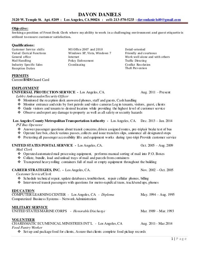 Daniels Davon Resume For A Front Desk 1 2015