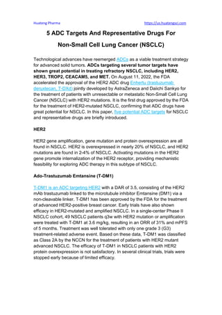 Huateng Pharma https://us.huatengsci.com
5 ADC Targets And Representative Drugs For
Non-Small Cell Lung Cancer (NSCLC)
Technological advances have reemerged ADCs as a viable treatment strategy
for advanced solid tumors. ADCs targeting several tumor targets have
shown great potential in treating refractory NSCLC, including HER2,
HER3, TROP2, CEACAM5, and MET. On August 11, 2022, the FDA
accelerated the approval of the HER2 ADC drug Enhertu (trastuzumab
deruxtecan, T-DXd) jointly developed by AstraZeneca and Daiichi Sankyo for
the treatment of patients with unresectable or metastatic Non-Small Cell Lung
Cancer (NSCLC) with HER2 mutations. It is the first drug approved by the FDA
for the treatment of HER2-mutated NSCLC, confirming that ADC drugs have
great potential for NSCLC. In this paper, five potential ADC targets for NSCLC
and representative drugs are briefly introduced.
HER2
HER2 gene amplification, gene mutation and protein overexpression are all
found in NSCLC. HER2 is overexpressed in nearly 20% of NSCLC, and HER2
mutations are found in 2-4% of NSCLC. Activating mutations in the HER2
gene promote internalization of the HER2 receptor, providing mechanistic
feasibility for exploring ADC therapy in this subtype of NSCLC.
Ado-Trastuzumab Emtansine (T-DM1)
T-DM1 is an ADC targeting HER2 with a DAR of 3.5, consisting of the HER2
mAb trastuzumab linked to the microtubule inhibitor Emtansine (DM1) via a
non-cleavable linker. T-DM1 has been approved by the FDA for the treatment
of advanced HER2-positive breast cancer. Early trials have also shown
efficacy in HER2-mutated and amplified NSCLC. In a single-center Phase II
NSCLC cohort, 49 NSCLC patients q3w with HER2 mutation or amplification
were treated with T-DM1 at 3.6 mg/kg, resulting in an ORR of 31% and mPFS
of 5 months. Treatment was well tolerated with only one grade 3 (G3)
treatment-related adverse event. Based on these data, T-DM1 was classified
as Class 2A by the NCCN for the treatment of patients with HER2 mutant
advanced NSCLC. The efficacy of T-DM1 in NSCLC patients with HER2
protein overexpression is not satisfactory. In several clinical trials, trials were
stopped early because of limited efficacy.
 