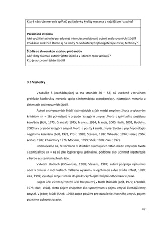 42
Ktoré nástroje merania spĺňajú požiadavky kvality merania v najväčšom rozsahu?
Paradoxná intencia
Aké využitie techniky paradoxnej intencie predstavujú autori analyzovaných štúdií?
Poukázali niektoré štúdie aj na limity či nedostatky tejto logoterapeutickej techniky?
Štúdie so slovenskou vzorkou probandov
Aké témy skúmali autori týchto štúdií a v ktorom roku vznikajú?
Kto je autorom týchto štúdií?
3.3 Výsledky
V tabuľke 5 (nachádzajúcej sa na stranách 50 – 58) sú uvedené v stručnom
prehľade konštrukty merania spolu s informáciou o probandoch, nástrojoch merania a
zisteniach analyzovaných štúdií.
Autori analyzovaných štúdií skúmajúcich vzťah medzi zmyslom života a vybraným
kritériom (n = 16) potvrdzujú v prípade kategórie zmysel života a spiritualita pozitívnu
koreláciu (Bolt, 1975; Crandall, 1975; Francis, 1994; Francis, 2000; Kulik, 2002; Robbins,
2000) a v prípade kategórií zmysel života a postoj k smrti, zmysel života a psychopatológia
negatívnu koreláciu (Bolt, 1978; Pfost, 1989; Stevens, 1987; Wheeler, 1994; Heisel, 2004;
Addad, 1987; Chaudhary 1976; Moomal, 1999; Shek, 1988; Zika, 1992).
Domnievame sa, že korelácie v štúdiách skúmajúcich vzťah medzi zmyslom života
a spiritualitou (n = 6) sú pre logoterapiu jedinečné, podobne ako účinnosť logoterapie
v liečbe existenciálnej frustrácie.
V dvoch štúdiách (Klčovanská, 1998; Stevens, 1987) autori pozývajú výskumnú
obec k diskusii o možnostiach ďalšieho výskumu v logoterapii a dve štúdie (Pfost, 1989;
Zika, 1992) vyúsťujú svoje zistenia do praktických opatrení pre odborníkov v praxi.
Pojem účel v živote/životný účel bol použitý v troch štúdiách (Bolt, 1975; Crandall,
1975; Bolt, 1978), tento pojem chápeme ako synonymum k pojmu zmysel života/životný
zmysel. V jednej štúdii (Shek, 1998) autor používa pre označenie životného zmyslu pojem
pozitívne duševné zdravie.
 