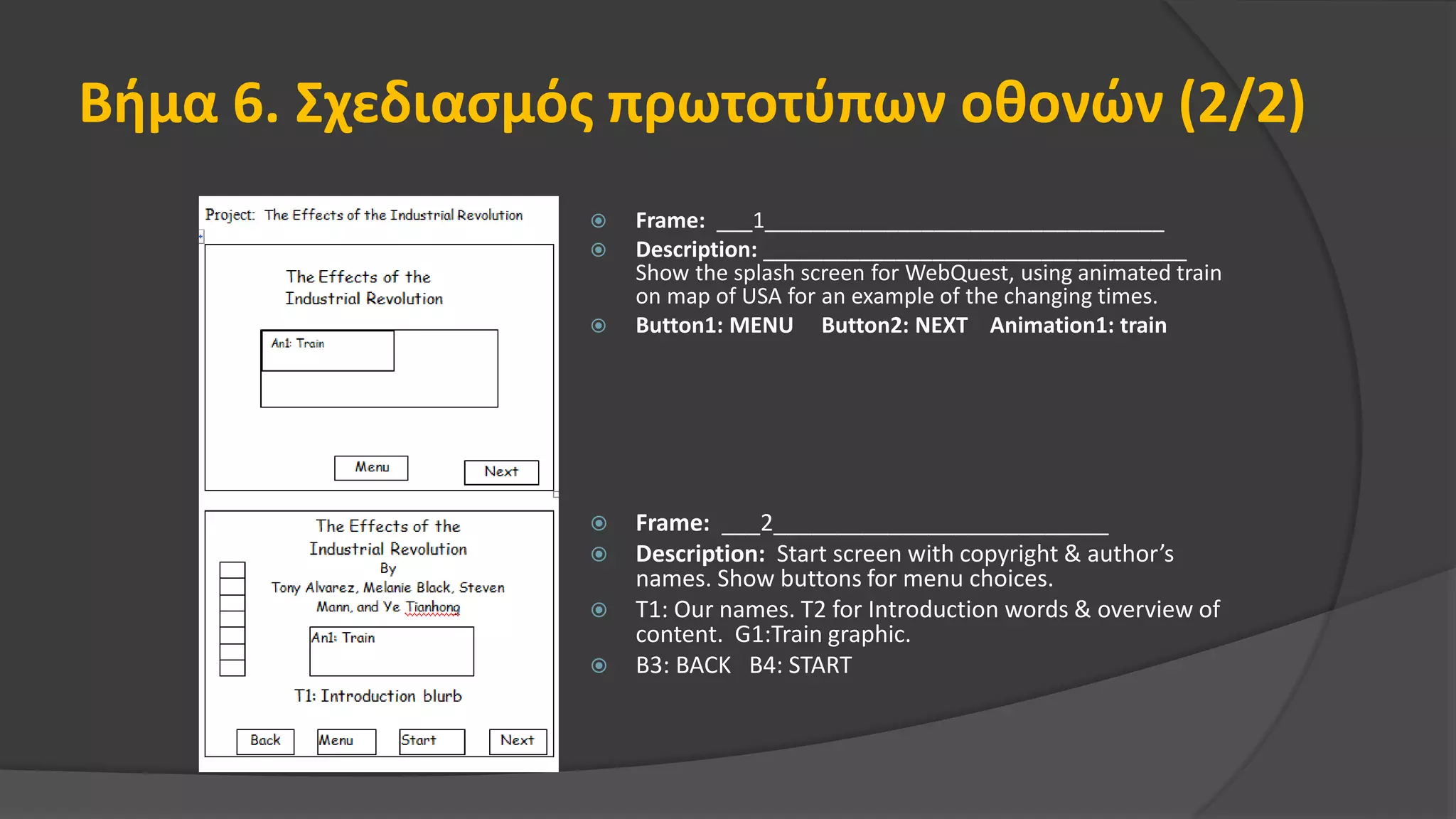 Βήμα 6. Σχεδιασμός πρωτοτύπων οθονών (2/2)
 Frame: ___1_________________________________
 Description: ___________________________________
Show the splash screen for WebQuest, using animated train
on map of USA for an example of the changing times.
 Button1: MENU Button2: NEXT Animation1: train
 Frame: ___2__________________________
 Description: Start screen with copyright & author’s
names. Show buttons for menu choices.
 T1: Our names. T2 for Introduction words & overview of
content. G1:Train graphic.
 B3: BACK B4: START
 