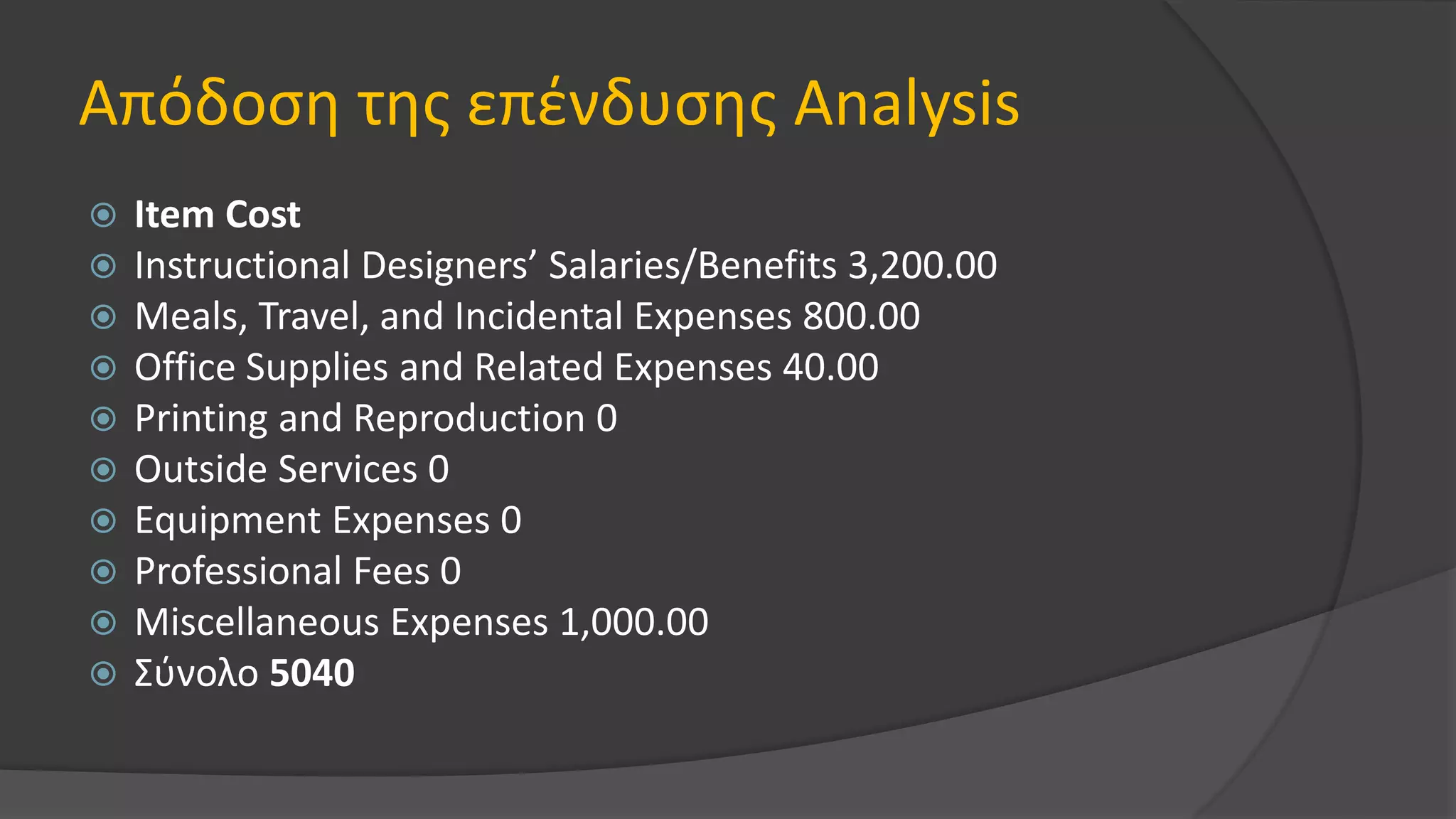 Απόδοση της επένδυσης Analysis
 Item Cost
 Instructional Designers’ Salaries/Benefits 3,200.00
 Meals, Travel, and Incidental Expenses 800.00
 Office Supplies and Related Expenses 40.00
 Printing and Reproduction 0
 Outside Services 0
 Equipment Expenses 0
 Professional Fees 0
 Miscellaneous Expenses 1,000.00
 Σύνολο 5040
 