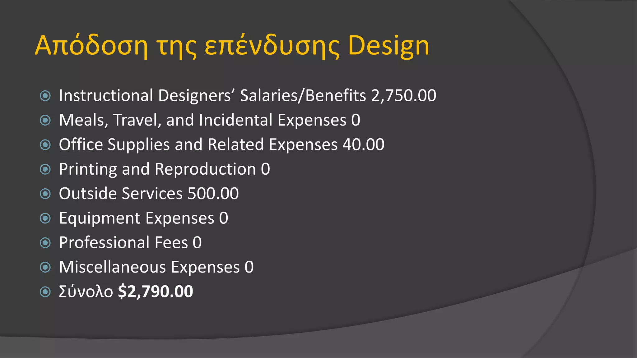 Απόδοση της επένδυσης Design
 Instructional Designers’ Salaries/Benefits 2,750.00
 Meals, Travel, and Incidental Expenses 0
 Office Supplies and Related Expenses 40.00
 Printing and Reproduction 0
 Outside Services 500.00
 Equipment Expenses 0
 Professional Fees 0
 Miscellaneous Expenses 0
 Σύνολο $2,790.00
 