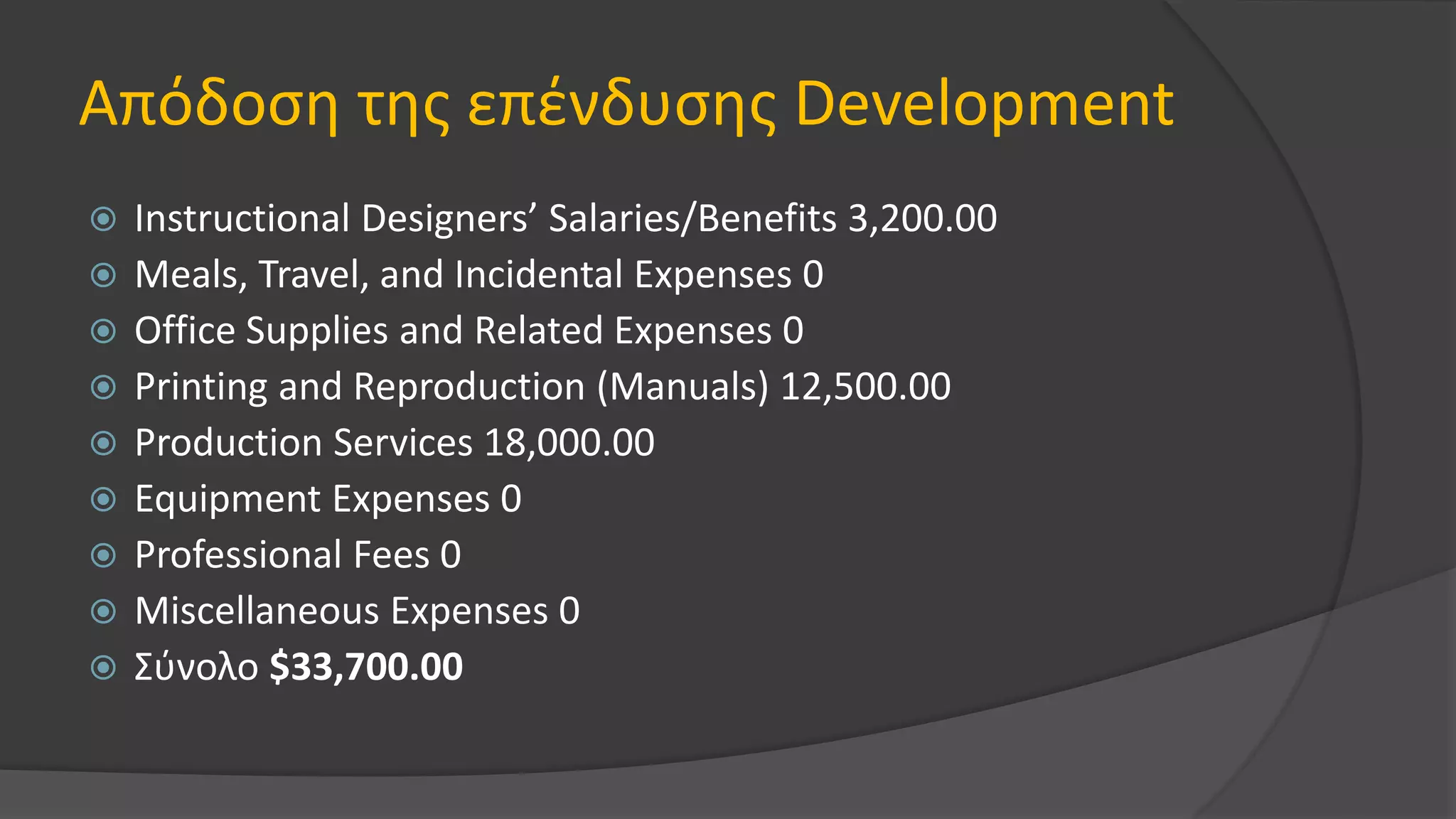 Απόδοση της επένδυσης Development
 Instructional Designers’ Salaries/Benefits 3,200.00
 Meals, Travel, and Incidental Expenses 0
 Office Supplies and Related Expenses 0
 Printing and Reproduction (Manuals) 12,500.00
 Production Services 18,000.00
 Equipment Expenses 0
 Professional Fees 0
 Miscellaneous Expenses 0
 Σύνολο $33,700.00
 