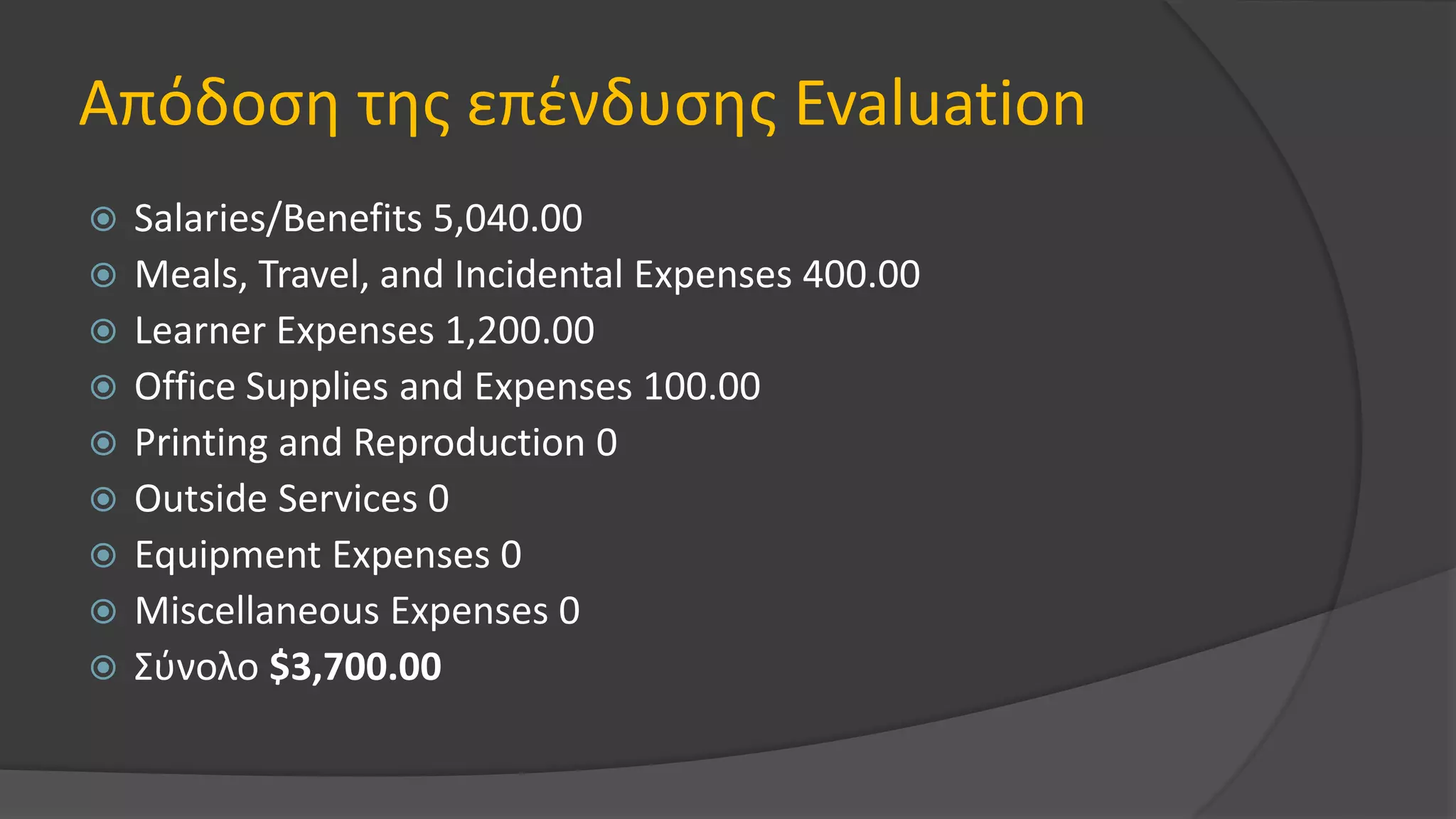 Απόδοση της επένδυσης Evaluation
 Salaries/Benefits 5,040.00
 Meals, Travel, and Incidental Expenses 400.00
 Learner Expenses 1,200.00
 Office Supplies and Expenses 100.00
 Printing and Reproduction 0
 Outside Services 0
 Equipment Expenses 0
 Miscellaneous Expenses 0
 Σύνολο $3,700.00
 