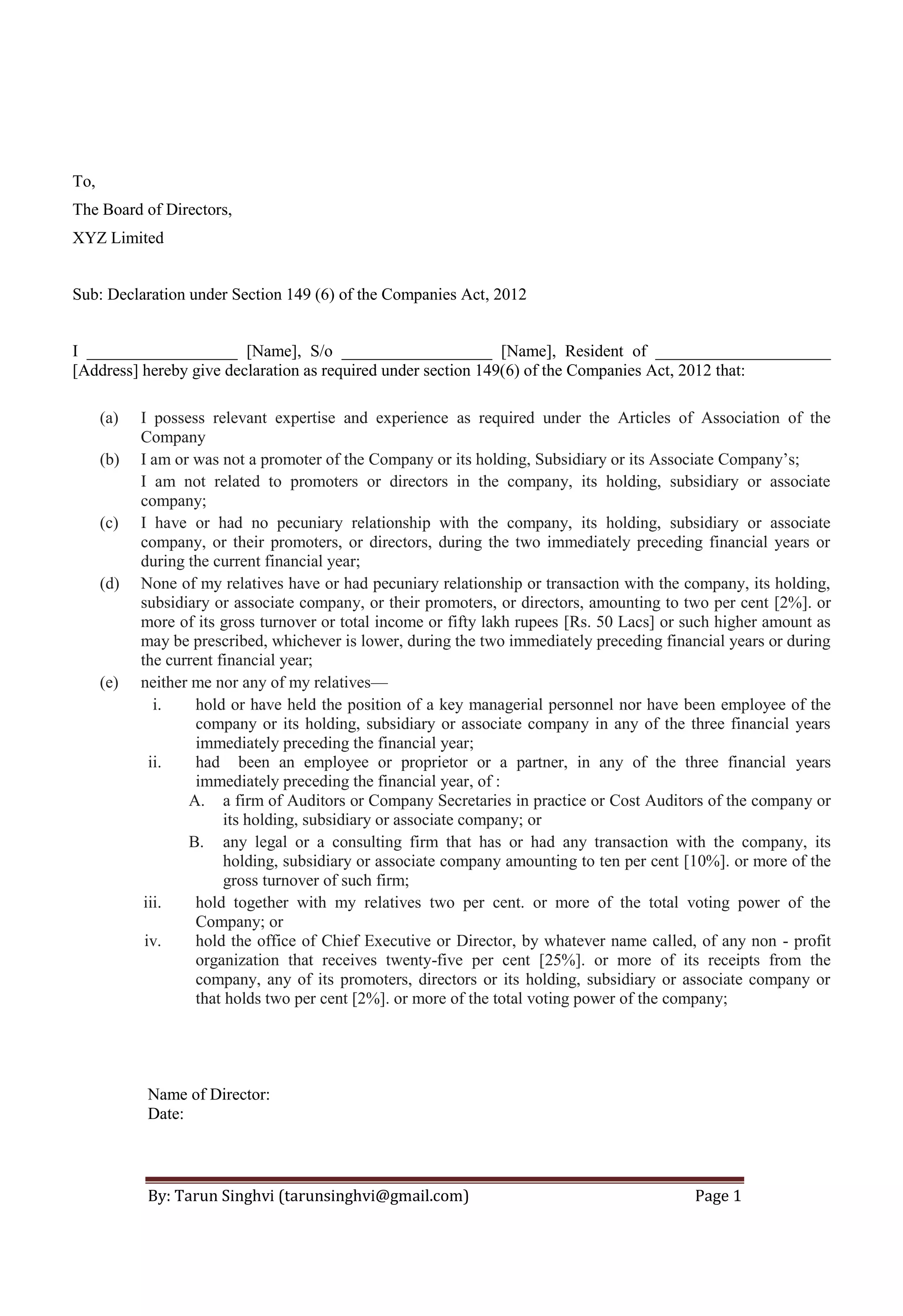 ICSI Independant directors declaration | PDF