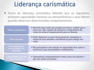  Teoria da liderança carismática defende que os seguidores
atribuem capacidades heroicas ou extraordinárias a seus líderes
quando observam determinados comportamentos.
Liderança carismática
 