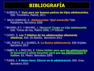 * ALBERCA, F. Guía para ser buenos padres de hijos adolescentes.
Edit. Toromítico, Madrid, 2013
* BACH COBACHO, E. Adolescentes “Qué maravilla” Edit.
Plataforma, Barcelona 2008
* BAYARD, R.T. Y BAYARD, J. ¡Socorro! Tengo un hijo adolescente
Edit. Temas de hoy, Madrid 2000, 17ª Edición
* COVEY, S. Los 7 Hábitos de los adolescentes altamente
efectivos. Edit. De Bolsillo, Barcelona 2012
* DEL PUEYO, B. y SUAREZ, R. La Buena adolescencia. Edit Grijalbo.
Barcelona 2013
* FABER, A. y MAZLISH, E. Cómo hablar para que los adolescentes
le escuchen y cómo escuchar para que los adolescentes le
hablen. Ed. Medici. Barcelona 2009.
* FUNES, J. 9 ideas clave. Educar en la adolescencia. Edit. Grao.
Barcelona 2010
BIBLIOGRAFÍA
 
