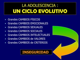 LA ADOLESCENCIA :
UN CICLO EVOLUTIVO
• Grandes CAMBIOS FÍSICOS
• Grandes CAMBIOS EMOCIONALES
• Grandes CAMBIOS SEXUALES
• Grandes CAMBIOS SOCIALES
• Grandes CAMBIOS INTELECTUALES
• Grandes CAMBIOS de VALORES
• Grandes CAMBIOS de CRITERIOS
INSEGURIDAD
 