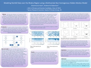 Modeling Rainfall Data over the Bhakra Region using a Multivariate Non-homogenous Hidden Markov Model
Shammunul Islam1, Andrew W. Robertson2
1 MA in Climate and Society Candidate, Class of 2014
2 Senior Research Scientist, Head of Climate Group, IRI
Abstract: We have used a Bayesian non-homogenous Hidden
Markov model (NHMM) to model the spatial dependence of
precipitation in Himalayan Bhakra region of Nortwest (NW) India.
We have classified rainfall into 3 hidden states and looked at the
variability of rainfall in terms of these states. For the summer
season, we have found the seasonal cycle to be significantly
affecting rainfall while El Niño Southern Oscillation (ENSO)and
Indian Ocean Dipole (IOD) to be insignificantly affecting rainfall.
Likewise, for the winter season we find a similar pattern.
Data and model: We have used daily rainfall data from 1984-
2004 over the Bhakra basin, one of the largest reservoir in
northwest India. For ENSO indicator, we have considered NINO3.4
index which is the average sea surface temperature (SST)
anomalies over the region between 5°N to - 5°S and between
170°W to - 120°W. Again, for IOD indicator, we used Dipole Mode
Index (DMI) which is the difference between sea surface
temperature (SST) anomalies in the western (50°E to 70°E and
10°S to 10°N) and eastern (90°E to 110°E and 10°S to 0°S)
equatorial Indian Ocean. Both of these indices were extracted
from the IRI data library. We have considered June, July, August
and September as the summer season and December, January,
February and March as the winter season. We consider winter
rainfall as it meets irrigation demand in northwest India at that
time and brings lower temperatures conducive to wheat
development (Yadav et al. 2012).
Hidden Markov Model (HMM) have been used before for simulating
rainfall variability (for example, Greene et al. 2008). NHMM further
allows the inclusion of meteorological or climatic variables as
exogenous variables. We denote Yt,s as the observed time series of
rainfall observed for s=15 stations of Bhakra region. Yt is a a non-
homogeneous Markov model (NHMM) with hidden process Z which
can take at any step any one of 3 values(figure in the left panel).The
Markov transition property between state t-1 and state t is given by qt-
1,t and matrix Qt denotes the set of all of these properties. There are
two covariate processes Xt and Wt.
We here consider seasonal cycle, ENSO and IOD as exogenous variables
and investigate how they affect rainfall.
Figure: State sequences for
summer
Figure: State sequences for
winter
Results: As we can see from the panel above, the top figure shows
the evolution of daily rainfall classified into the three hidden states
(ordered from driest (S1) to wettest (S3)) drawn with Bayesian
sampling. The bottom figure shows the average seasonal evolution
of the occurrence of these three states. For the summer season (left
figure), July-August period remains mainly wet or somewhat wet
with intermittent dry state throughout the period. We can also
observe that at the beginning and at the end of a year, this region
remains mainly dry or somewhat dry corresponding to state 1 or
state 2.
For winter considering DJFM (right figure in the middle panel), the region
remains mainly dry with a very few number of days falling in somewhat dry
or wet state. Surprisingly, more days fall into wettest state (state 3) than the
middle state (state 2), indicating that winter storms tend to be intense. At
the end of February and March, we find more days falling into state 3
signifying heavy rainfall in those days.
The top figure shows that both probability of rainfall and mean daily
intensity both increases with states. For summer, we further find that
none of the transition probabilities between states are significantly
impacted by ENSO or the IOD. Here, the seasonal cycle affects rainfall
through the emission distribution but ENSO and IOD don’t affect
significantly.
Implications: Understanding the rainfall dynamics in Bhakra region will
help practical water management and hence will help in terms of
agriculture also. As NHMM model clusters states with respect to spatial
and temporal characteristics, these states provide us a way of identifying
larger scale weather patterns and climatic conditions that affect the
moisture transport.
References:
Yadav RK, Rupa Kumar K, Rajeevan M (2012) Characteristic features of
winter precipitation and its variability over northwest India. Journal of
Earth System Science 121(3):6111-623.
Greene, A., M., A. W. Robertson, and S. Kirshner, 2008: Analysis of Indian
monsoon daily rainfall on subseasonal to mutidecadal time-scales using a
hidden Markov model. Q. J. of the Roy. Meteor. Soc., 134 (633), 875-887.
Introduction: This paper analyses local precipitation in Bhakra basin
in NW India. It aims to shed some light on weather and climatic
conditions associated with precipitation over this region. This work is
done under the project Decadal Prediction and Stochastic Simulation
of Hydroclimate Over Monsoonal Asia and is supported by
Department of Environment (DOE).
 