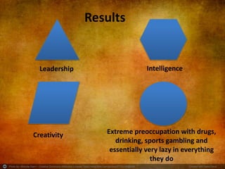 Photo by ~Brenda-Starr~ - Creative Commons Attribution License https://www.flickr.com/photos/37753256@N08 Created with Haiku Deck
Leadership
Extreme preoccupation with drugs,
drinking, sports gambling and
essentially very lazy in everything
they do
Intelligence
Creativity
Results
 