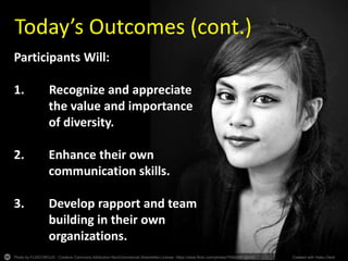 Photo by FLEECIRCUS - Creative Commons Attribution-NonCommercial-ShareAlike License https://www.flickr.com/photos/70924981@N00 Created with Haiku Deck
Today’s Outcomes (cont.)
Participants Will:
1. Recognize and appreciate
the value and importance
of diversity.
2. Enhance their own
communication skills.
3. Develop rapport and team
building in their own
organizations.
 