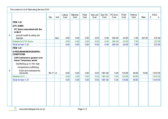 schedule of works cost summary report schedule of works