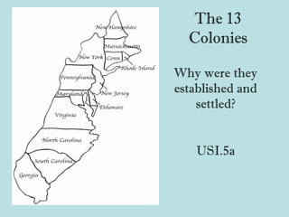 The 13
Colonies
Why were they
established and
settled?
USI.5a

 