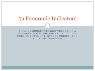 5a Economic Indicators

 EPF.5 DEMONSTRATE KNOWLEDGE OF A
NATION’S ECONOMIC GOALS, INCLUDING
FULL EMPLOYMENT, STABLE PRICES, AND
          ECONOMIC GROWTH
 