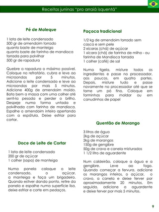 Receitas juninas “pro arraiá isquentá”



          Pé de Moleque                  Paçoca tradicional
1 lata de leite condensado               1/2 kg de amendoim torrado sem
500 gr de amendoim torrado               casca e sem pele
quanto baste de manteiga                 2 xícaras (chá) de açúcar
quanto baste de farinha de mandioca      1 xícara (chá) de farinha de milho - ou
torrada para polvilhar                   farinha de Mandioca torrada
500 gr de rapadura                       1 colher (café) de sal

Quebre a rapadura o máximo possível.     Numa     tigela,   misture todos    os
Coloque no refratário, cubra e leve ao   ingredientes e passe no processador,
microondas       por     5    minutos.   aos poucos, em quatro partes.
Adicione o leite condensado e leve ao    Depois,    misture   tudo   e    passe
microondas por mais 5 minutos.           novamente no processador até que se
Adicione 400g de amendoim moído.         torne um pó fino. Coloque em
Bata bem a massa com uma colher até      forminhas    para   moldar    ou   em
senti-la pesada e perder o brilho.       canudinhos de papel
Despeje numa forma untada e
polvilhada com farinha de mandioca.
Espalhe o amendoim inteiro apertando
com a espátula. Deixe esfriar para
cortar.
                                                Quentão de Morango

                                         3 litros de água
                                         2kg de açúcar
                                         2kg de morangos
      Doce de Leite de Cortar            150g de gengibre
                                         50g de cravo e canela misturados
1 lata de leite condensado               1 1/2 litro de aguardente
200 gr de açúcar
1 colher (sopa) de manteiga              Num caldeirão, coloque a água e a
                                         gengibre.       Leve       ao      fogo.
Numa panela coloque o leite              Quando começar a fervura, adicione
condensado,            o      açúcar,    os morangos inteiros, o açúcar,       o
a manteiga e faça um brigadeiro.         cravo, a canela e deixe ferver por
Quando estiver dando ponto, retire da    aproximadamente 20 minutos. Em
panela e espalhe numa superfície lisa,   seguida, adicione       a aguardente
deixe esfriar e corte em pedaços.        e deixe ferver por mais 5 minutos.



                                                                                   9
 