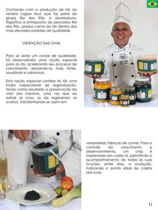 Contando com a produção de rãs do
ranário Lagoa Azul, que faz parte do
grupo Rei das Rãs, o abatedouro,
frigorífico e entrepostos de pescados Rei
das Rãs, produz carne de rãs dentro dos
mais elevados padrões de qualidade.


         OBTENÇÃO DAS OVAS


Para se obter um caviar de qualidade,
foi desenvolvida uma ração especial
para as rãs, acelerando seu processo de
crescimento, deixando-as mais fortes,
saudáveis e saborosas.

Esta ração especial confere às rãs uma
maior capacidade de regeneração,
tendo como resultado a preservação da
vida das mesmas, uma vez que ao
extrair as ovas, as rãs regeneram os
ovários, transformando-se assim em




                                            verdadeiras fábricas de caviar. Para o
                                            controle     do     crescimento      e
                                            desenvolvimento,     um     chip     é
                                            implantado em cada rã, permitindo o
                                            acompanhamento de todas as suas
                                            funções, entre elas, a ovulação,
                                            indicando o ponto ideal de coleta
                                            das ovas.




                                                                               11
 