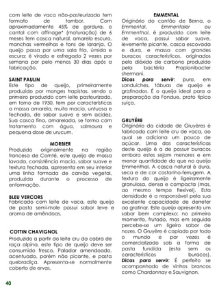 com leite de vaca não-pasteurizado tem                     EMMENTAL
 formato       de       tambor.     Com        Originário do cantão de Berna, o
 aproximadamente 45% de gordura, o             Emmental,        Emmentaler          ou
 cantal com affinage* (maturação) de 6         Emmenthal, é produzido com leite
 meses tem casca natural, amarelo escura,      de vaca, possui sabor suave,
 manchas vermelhas e tons de laranja. O        levemente picante, casca escovada
 queijo passa por uma sala fria, úmida e       e dura, e massa com grandes
 escura; é virado e esfregado 2 vezes por      buracos característicos, originados
 semana por pelo menos 30 dias após a          pelo dióxido de carbono produzido
 fabricação.                                   pela      bactéria       Propionibacter
                                               shermani.
 SAINT PAULIN                                  Dicas    para    servir:    puro,   em
 Este tipo de queijo, primeiramente            sanduíches, tábuas de queijo e
 produzido por monges trapistas, sendo o       gratinados. É o queijo ideal para a
 primeiro produzido com leite pasteurizado,    preparação da Fondue, prato típico
 em torno de 1930, tem por características     suíço.
 a massa amarela, muito macia, untuosa e
 fechada, de sabor suave e sem acidez.
 Sua casca fina, amarelada, se forma com       GRUYÉRE
 tratamento com água, salmoura e               Originário da cidade de Gruyères é
 pequena dose de urucum.                       fabricado com leite cru de vaca, ao
                                               qual se adiciona um pouco de
                  MORBIER                      açúcar. Uma das características
 Produzido    originalmente   na    região     deste queijo é a de possuir buracos
 francesa de Comté, este queijo de massa       embora estes sejam menores e em
 lavada, consistência macia, sabor suave e     menor quantidade do que no queijo
 textura fechada, apresenta em seu interior    Emmenthal. A casca natural é dura,
 uma linha formada de carvão vegetal,          seca e de cor castanho-ferrugem. A
 produzida durante o processo de               textura do queijo é ligeiramente
 enformação.                                   granulosa, densa e compacta (mas,
                                               ao mesmo tempo flexível). Esta
 BLEU VERCORS                                  densidade é a responsável pela sua
 Fabricado com leite de vaca, este queijo      excelente capacidade de derreter
 de pasta semi-mole possui sabor leve e        ao gratinar. Este queijo apresenta um
 aroma de amêndoas.                            sabor bem complexo: no primeiro
                                               momento, frutado, mas em seguida
                                               percebe-se um ligeiro sabor de
  COTTIN CHAVIGNOL                             nozes. O Gruyère é copiado por todo
 Produzido a partir do leite cru da cabra de   o    mundo       e   por    vezes    é
 raça alpina, este tipo de queijo deve ser     comercializado sob a forma de
 consumido fresco. Paladar amendoado,          pasta    fundida    (esta    sem    os
 acentuado, porém não picante, e pasta         característicos              buracos).
 quebradiça. Apresenta-se normalmente          Dicas para servir: É perfeito se
 coberto de ervas.                             acompanhado de vinhos brancos
                                               como Chardonnay e Sauvignon.

40
 