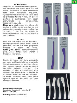 GORGONZOLA
Originário da localidade de Gorgonzola,
nos arredores de Milão, este tipo de
queijo caracteriza-se pela maturação
feita    com     Penicillium    roqueforti.
Apresenta massa úmida com veios azuis
esverdeados, textura macia, um pouco
pastosa e quebradiça. Tem sabor
pronunciado         e       característico,
ligeiramente salgado.
Dicas para servir: puro, em tábuas de
queijos e patês, como aperitivo ou em
aplicações culinárias como molhos ou
recheios. É também um excelente
acompanhamento para vinhos licorosos
como o Porto.

                GOUDA
Produzido na região sul de Amsterdã,
este tipo de queijo possui massa firme e
prensada, textura lisa com pequenos
buracos     e     sabor    de     avelã.
Dicas para servir: acompanhamento
para vinhos tintos como Merlot e
Cabernet Sauvignon.

                 EDAM
Queijo de massa semi-dura, produzido
em várias regiões da Holanda a partir de
leite de vaca gordo ou semi-desnatado,
com formato esférico. A casca é pouco
percebida, coberta com uma cera
vermelha. O ideal é consumi-lo jovem
quando sua textura é ainda flexível. O
sabor adocicado e suave lembra nozes.
O edam revestido com cera preta
significa que foi maturado por pelo
menos 17 semanas.



Agradecimentos Dayan Casa
Calçada das Orquídeas, 48 – Alphaville – SP –
Fone: 11 - 4193.6544

Fonte: Blog Art Home de Helena Jang



                                                41
 