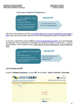MINISTÉRIO DO DESENVOLVIMENTO, MINISTÉRIO DA FAZENDA
INDÚSTRIA E COMÉRCIO EXTERIOR SECRETARIA DA RECEITA
SECRETARIA DE COMÉRCIO E SERVIÇOS FEDERAL DO BRASIL
47
Até o dia 31 de dezembro de 2013, em conformidade com o caso de extensão do prazo para o
RAS, esse prazo será de até o último dia útil do mês subsequente à data de inclusão do RAS.
2) quando o pagamento ocorrer antes do início da prestação de serviço, da comercialização
de intangível, ou da realização da operação que produza variação no patrimônio, o usuário
deverá efetuar o RP no prazo de até o último dia útil do mês subsequente ao de inclusão do
RAS.
3.2.2 Inclusão do RP
A partir do Módulo Aquisição, no menu RP, há 3 funções: Incluir, Cancelar e Consultar.
 
