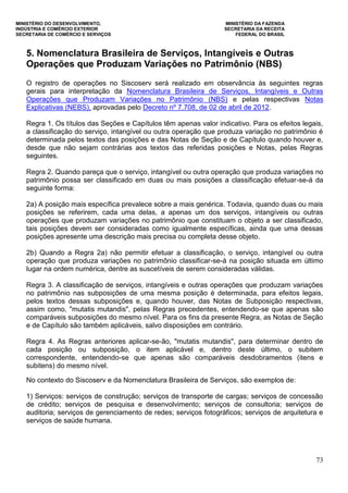MINISTÉRIO DO DESENVOLVIMENTO, MINISTÉRIO DA FAZENDA
INDÚSTRIA E COMÉRCIO EXTERIOR SECRETARIA DA RECEITA
SECRETARIA DE COMÉRCIO E SERVIÇOS FEDERAL DO BRASIL
73
5. Nomenclatura Brasileira de Serviços, Intangíveis e Outras
Operações que Produzam Variações no Patrimônio (NBS)
O registro de operações no Siscoserv será realizado em observância às seguintes regras
gerais para interpretação da Nomenclatura Brasileira de Serviços, Intangíveis e Outras
Operações que Produzam Variações no Patrimônio (NBS) e pelas respectivas Notas
Explicativas (NEBS), aprovadas pelo Decreto nº 7.708, de 02 de abril de 2012.
Regra 1. Os títulos das Seções e Capítulos têm apenas valor indicativo. Para os efeitos legais,
a classificação do serviço, intangível ou outra operação que produza variação no patrimônio é
determinada pelos textos das posições e das Notas de Seção e de Capítulo quando houver e,
desde que não sejam contrárias aos textos das referidas posições e Notas, pelas Regras
seguintes.
Regra 2. Quando pareça que o serviço, intangível ou outra operação que produza variações no
patrimônio possa ser classificado em duas ou mais posições a classificação efetuar-se-á da
seguinte forma:
2a) A posição mais específica prevalece sobre a mais genérica. Todavia, quando duas ou mais
posições se referirem, cada uma delas, a apenas um dos serviços, intangíveis ou outras
operações que produzam variações no patrimônio que constituam o objeto a ser classificado,
tais posições devem ser consideradas como igualmente específicas, ainda que uma dessas
posições apresente uma descrição mais precisa ou completa desse objeto.
2b) Quando a Regra 2a) não permitir efetuar a classificação, o serviço, intangível ou outra
operação que produza variações no patrimônio classificar-se-á na posição situada em último
lugar na ordem numérica, dentre as suscetíveis de serem consideradas válidas.
Regra 3. A classificação de serviços, intangíveis e outras operações que produzam variações
no patrimônio nas subposições de uma mesma posição é determinada, para efeitos legais,
pelos textos dessas subposições e, quando houver, das Notas de Subposição respectivas,
assim como, "mutatis mutandis", pelas Regras precedentes, entendendo-se que apenas são
comparáveis subposições do mesmo nível. Para os fins da presente Regra, as Notas de Seção
e de Capítulo são também aplicáveis, salvo disposições em contrário.
Regra 4. As Regras anteriores aplicar-se-ão, "mutatis mutandis", para determinar dentro de
cada posição ou subposição, o item aplicável e, dentro deste último, o subitem
correspondente, entendendo-se que apenas são comparáveis desdobramentos (itens e
subitens) do mesmo nível.
No contexto do Siscoserv e da Nomenclatura Brasileira de Serviços, são exemplos de:
1) Serviços: serviços de construção; serviços de transporte de cargas; serviços de concessão
de crédito; serviços de pesquisa e desenvolvimento; serviços de consultoria; serviços de
auditoria; serviços de gerenciamento de redes; serviços fotográficos; serviços de arquitetura e
serviços de saúde humana.
 