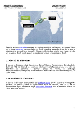 MINISTÉRIO DO DESENVOLVIMENTO, MINISTÉRIO DA FAZENDA
INDÚSTRIA E COMÉRCIO EXTERIOR SECRETARIA DA RECEITA
SECRETARIA DE COMÉRCIO E SERVIÇOS FEDERAL DO BRASIL
9
Deverão registrar operações em Modo 4 no Módulo Aquisição do Siscoserv as pessoas físicas
ou jurídicas residentes ou domiciliadas no Brasil, quando a aquisição de serviço ensejar o
deslocamento temporário de pessoa(s) física(s) residente(s) no exterior com vistas a prestar
um serviço no Brasil, exceto quando se estabelecer vínculo empregatício no Brasil.
2. Acesso ao Siscoserv
O acesso ao Siscoserv estará disponível no Centro Virtual de Atendimento ao Contribuinte (e-
CAC) da RFB na Internet no endereço: http://www.receita.fazenda.gov.br, e no sítio da
Secretaria de Comércio e Serviços (SCS) na Internet, no endereço:
http://www.siscoserv.mdic.gov.br; exceto no horário de manutenção diária do sistema (01:00 às
03:00 horas).
2.1 Como acessar o Siscoserv
O acesso ao Siscoserv é sempre feito por certificado digital e-CPF. Quando a informação for
prestada por pessoa jurídica ou representante legal de terceiros, além do e-CPF do
representante legal, também se exige procuração eletrônica. Não é possível o acesso via
certificado digital e-CNPJ.
 