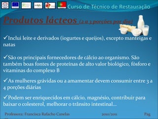 Produtos lácteos  (2 a 3 porções por dia) Inclui leite e derivados (iogurtes e queijos), excepto manteigas e natas São os principais fornecedores de cálcio ao organismo. São também boas fontes de proteínas de alto valor biológico, fósforo e vitaminas do complexo B As mulheres grávidas ou a amamentar devem consumir entre 3 a 4 porções diárias Podem ser enriquecidos em cálcio, magnésio, contribuir para baixar o colesterol, melhorar o trânsito intestinal… Professora: Francisca Rafacho Canelas  2010/2011  Pag    
