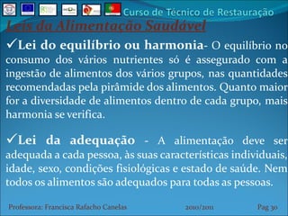 Leis da Alimentação Saudável Lei do equilíbrio ou harmonia -  O equilíbrio no consumo dos vários nutrientes só é assegurado com a ingestão de alimentos dos vários grupos, nas quantidades recomendadas pela pirâmide dos alimentos. Quanto maior for a diversidade de alimentos dentro de cada grupo, mais harmonia se verifica. Lei da adequação  -  A alimentação deve ser adequada a cada pessoa, às suas características individuais, idade, sexo, condições fisiológicas e estado de saúde. Nem todos os alimentos são adequados para todas as pessoas. Professora: Francisca Rafacho Canelas  2010/2011  Pag    