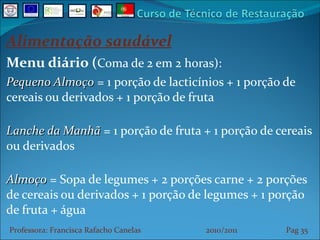 Alimentação saudável Menu diário ( Coma de 2 em 2 horas): Pequeno Almoço  = 1 porção de lacticínios + 1 porção de cereais ou derivados + 1 porção de fruta Lanche da Manhã  = 1 porção de fruta + 1 porção de cereais ou derivados Almoço  = Sopa de legumes + 2 porções carne + 2 porções de cereais ou derivados + 1 porção de legumes + 1 porção de fruta + água Professora: Francisca Rafacho Canelas  2010/2011  Pag    