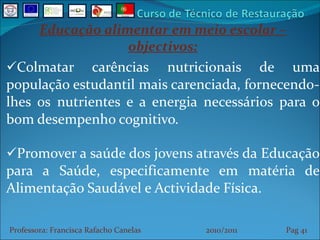 Educação alimentar em meio escolar – objectivos: Colmatar carências nutricionais de uma população estudantil mais carenciada, fornecendo-lhes os nutrientes e a energia necessários para o bom desempenho cognitivo. Promover a saúde dos jovens através da Educação para a Saúde, especificamente em matéria de Alimentação Saudável e Actividade Física. Professora: Francisca Rafacho Canelas  2010/2011  Pag    