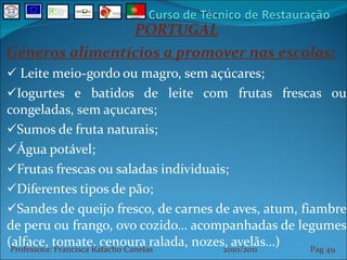PORTUGAL Géneros alimentícios a promover nas escolas: Leite meio-gordo ou magro, sem açúcares; Iogurtes e batidos de leite com frutas frescas ou congeladas, sem açucares; Sumos de fruta naturais; Água potável; Frutas frescas ou saladas individuais; Diferentes tipos de pão; Sandes de queijo fresco, de carnes de aves, atum, fiambre de peru ou frango, ovo cozido… acompanhadas de legumes (alface, tomate, cenoura ralada, nozes, avelãs…) Professora: Francisca Rafacho Canelas  2010/2011  Pag    