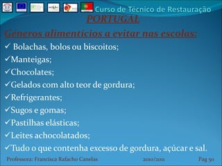 PORTUGAL Géneros alimentícios a evitar nas escolas: Bolachas, bolos ou biscoitos; Manteigas; Chocolates; Gelados com alto teor de gordura; Refrigerantes; Sugos e gomas; Pastilhas elásticas; Leites achocolatados; Tudo o que contenha excesso de gordura, açúcar e sal. Professora: Francisca Rafacho Canelas  2010/2011  Pag    