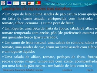 Exemplos de refeições nas escolas: Um copo de leite e uma sandes de pão escuro (com queijo ou fatia de carne assada, enriquecida com hortícolas - tomate, alface, cenoura…) e uma peça de fruta; Um iogurte, uma peça de fruta da época, salada de alface e tomate temperada com azeite, pão (de preferência escuro) e um queijinho fresco (pasteurizado); Um sumo de fruta natural, uma salada de cenoura ralada e tomate, uma sandes de ovo, atum ou carne assada com alface e um iogurte líquido; Uma salada de alface, tomate, pedaços de fruta, frutos secos e queijo magro, temperada com azeite, acompanhada por uma fatia de pão escuro e um batido de leite com fruta. Professora: Francisca Rafacho Canelas  2010/2011  Pag    