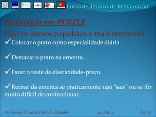 Estratégia em PUZZLE (São os menos populares e mais rentáveis) Colocar o prato como especialidade diária. Destacar o prato na ementa. Fazer o teste da elasticidade-preço. Retirar da ementa se praticamente não “sair” ou se fôr muito difícil de confeccionar. Professora: Francisca Rafacho Canelas  2010/2011  Pag    