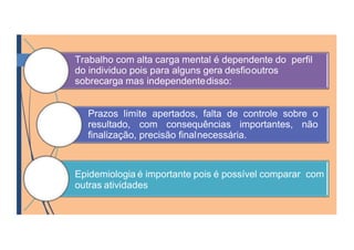 Trabalho com alta carga mental é dependente do perfil
do individuo pois para alguns gera desfiooutros
sobrecarga mas independentedisso:
Prazos limite apertados, falta de controle sobre o
resultado, com consequências importantes, não
finalização, precisão finalnecessária.
Epidemiologia é importante pois é possível comparar com
outras atividades
 
