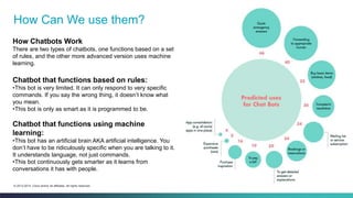 Cisco Confidential 7© 2013-2014 Cisco and/or its affiliates. All rights reserved.
How Can We use them?
How Chatbots Work
There are two types of chatbots, one functions based on a set
of rules, and the other more advanced version uses machine
learning.
Chatbot that functions based on rules:
•This bot is very limited. It can only respond to very specific
commands. If you say the wrong thing, it doesn’t know what
you mean.
•This bot is only as smart as it is programmed to be.
Chatbot that functions using machine
learning:
•This bot has an artificial brain AKA artificial intelligence. You
don’t have to be ridiculously specific when you are talking to it.
It understands language, not just commands.
•This bot continuously gets smarter as it learns from
conversations it has with people.
 
